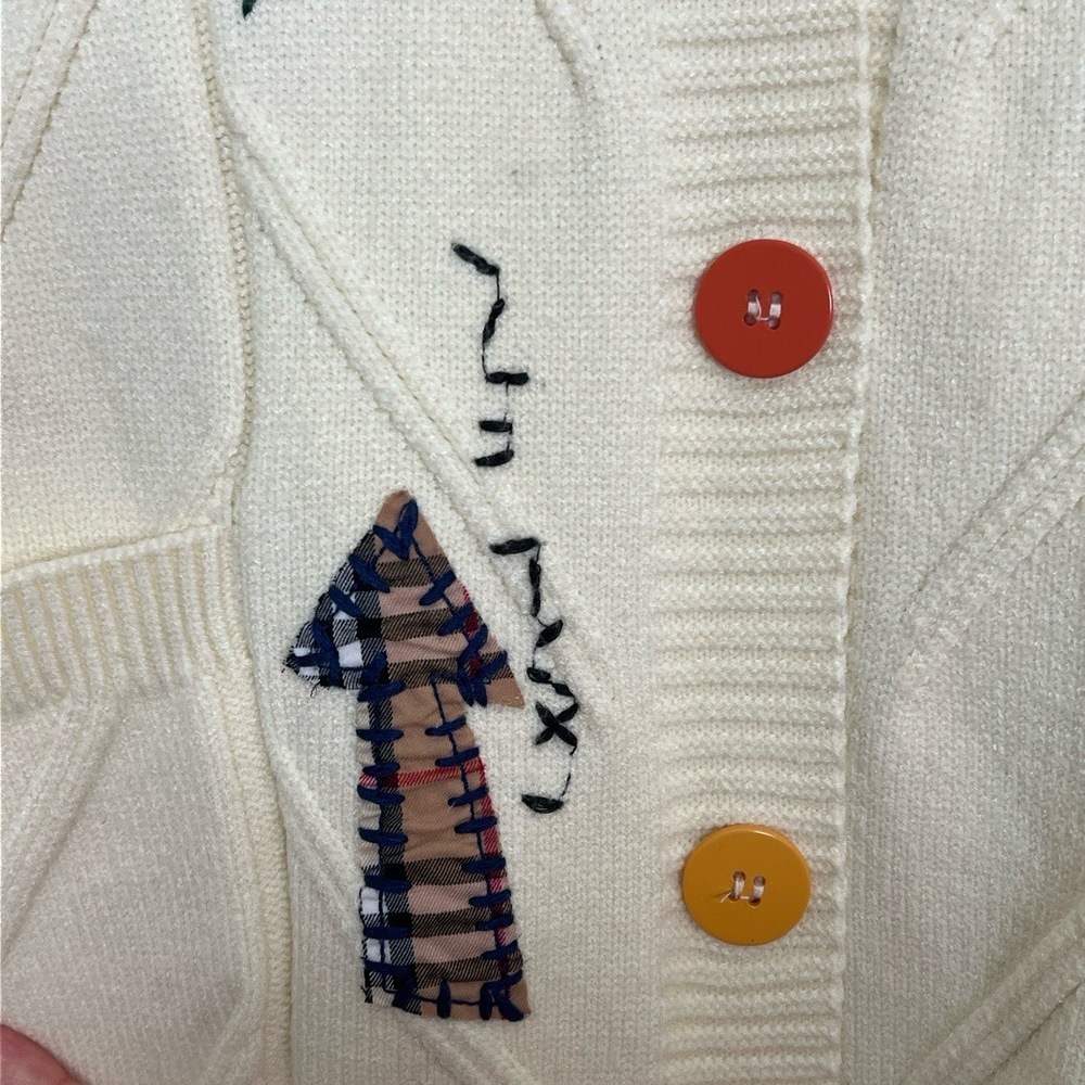 Womens Cardigan Size Cream Oversize Varsity Patchwork Embroidery Whimsical Retro - Picture 7 of 12
